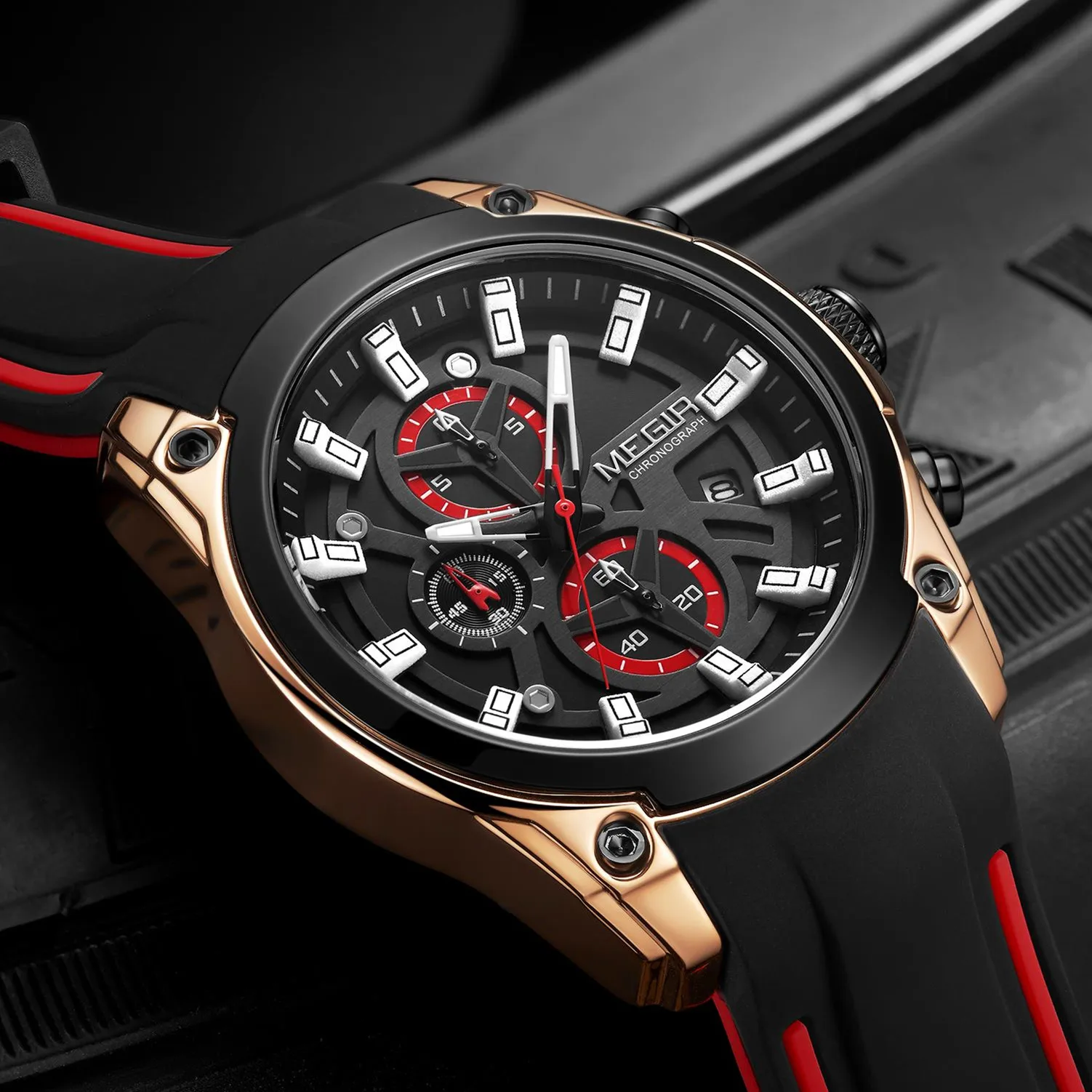 MEGIR Chronograph Luxury Sport Watch for Men Silicone Waterproof Large Dial Analog Quartz Wristwatch with Auto Date Reloj Hombre