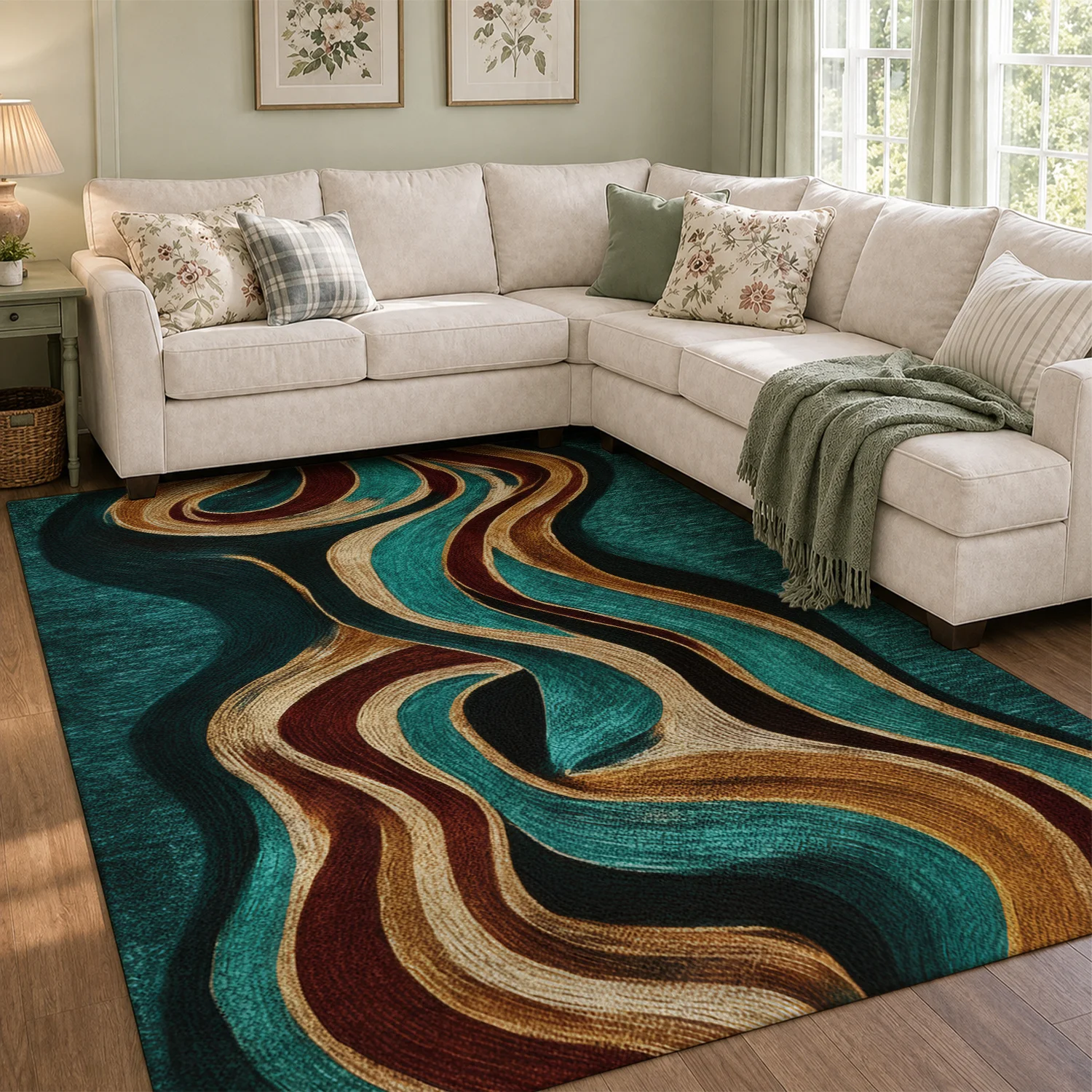 Large Indoor Area Rug, Soft Velvet Low Pile Rug with Non-slip Dotted Backing, Machine Washable Abstract Wavy Teal Gold Burgundy Pattern Rug for Living Room Bedroom