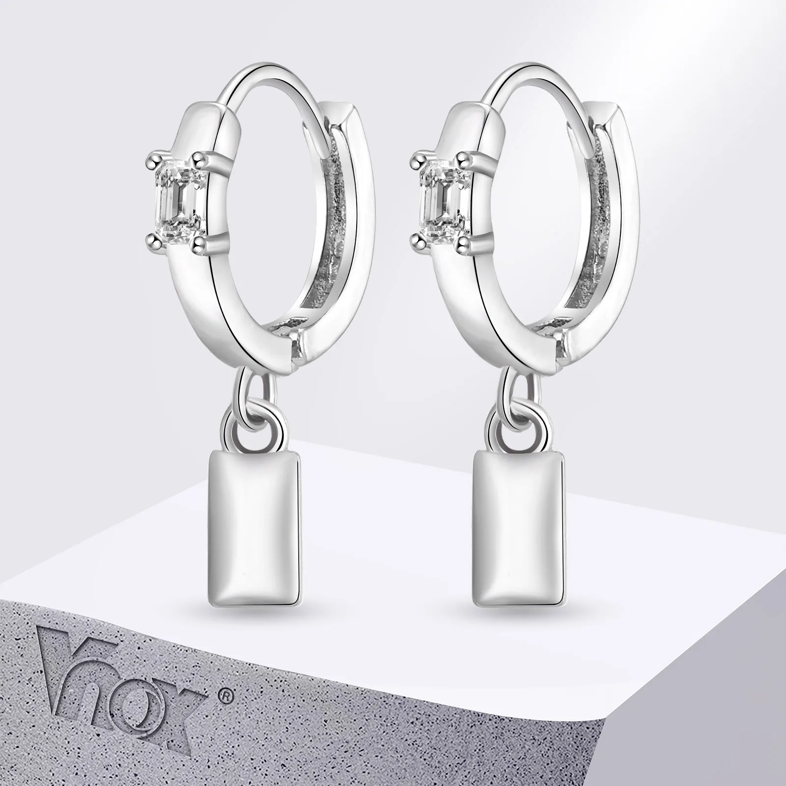 Vnox Zircon Hoop Earrings with Padlock Dangle, Silver Color Metal Small Huggies Earrings