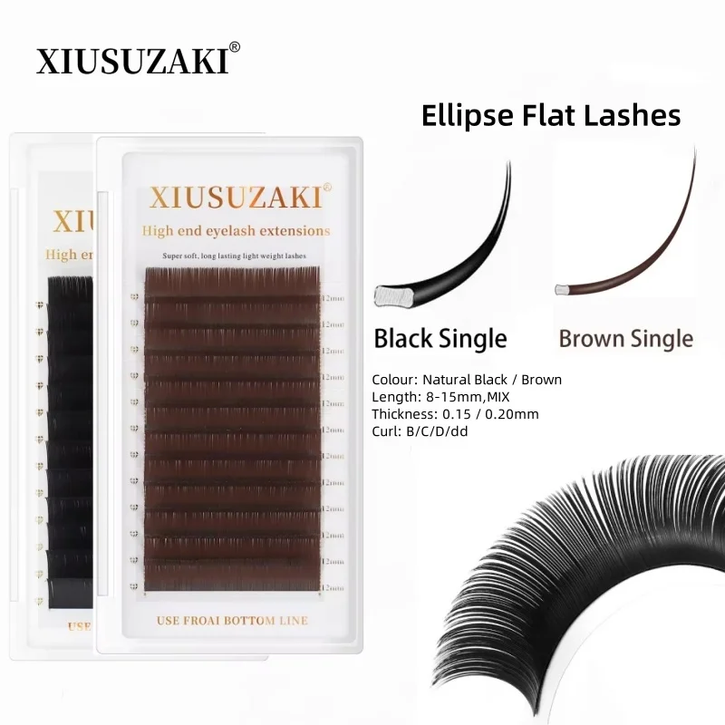 XIUSUZAKI Brown Flat Ellipse Eyelash Split Tips Matte Gray Black Color Super Soft Gentle Natural Eyelashes Extension Flat cílios