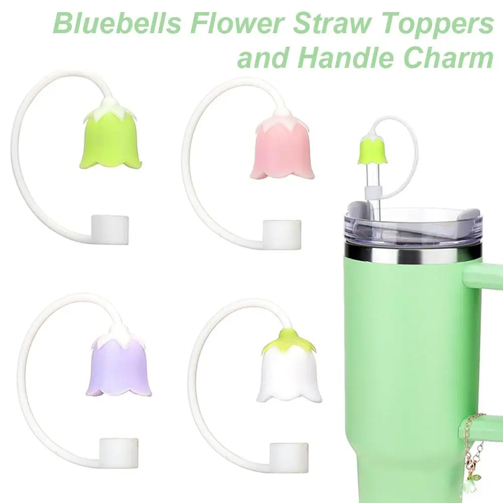 Bluebells Flower Straw Toppers and Handle Charm for Stanley 20/30/40 oz Tumbler with Glitter Protective Silicone Boot W8V5