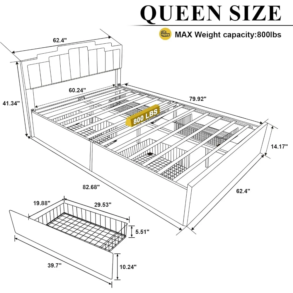 Queen Size Bedframe Met 4 Opbergladen, Led-Licht En Verstelbaar Hoofdeinde, Houten Lamellen Ondersteuning, Bedframe