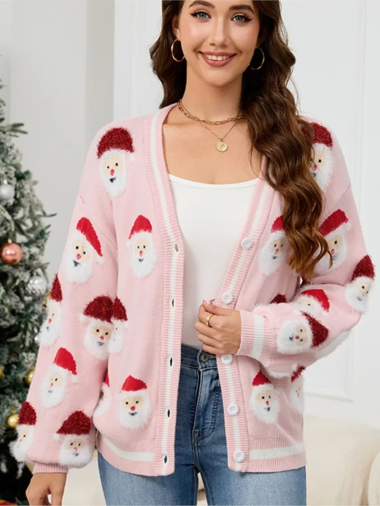 

Christmas Fashion Cardigan Coat Woman's Autumn New V-neck Santa Claus Pattern Loose Sweater Winter Ladies Party Knitted Sweaters