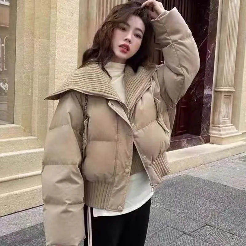 

New Women Stand Collar Jacket Knitted Patchwork Autumn Winter Girls Short Zipper Jacket Thickened Parkas Outwears Fashion Coat