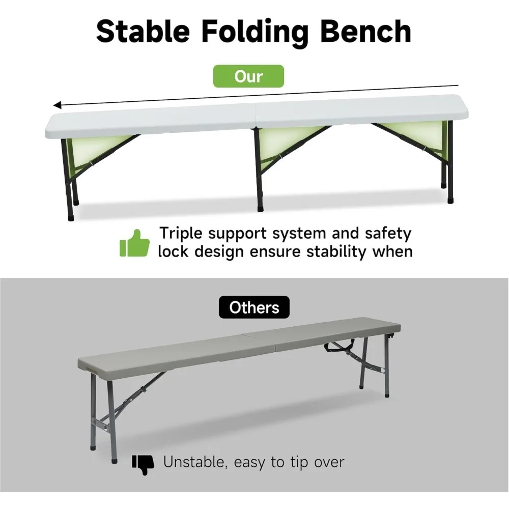 طاولة نزهة مقاس 6 بوصات مع مقعدين، و3 قطع طاولة تخييم قابلة للطي HDPE بيضاء اللون للفناء والحديقة