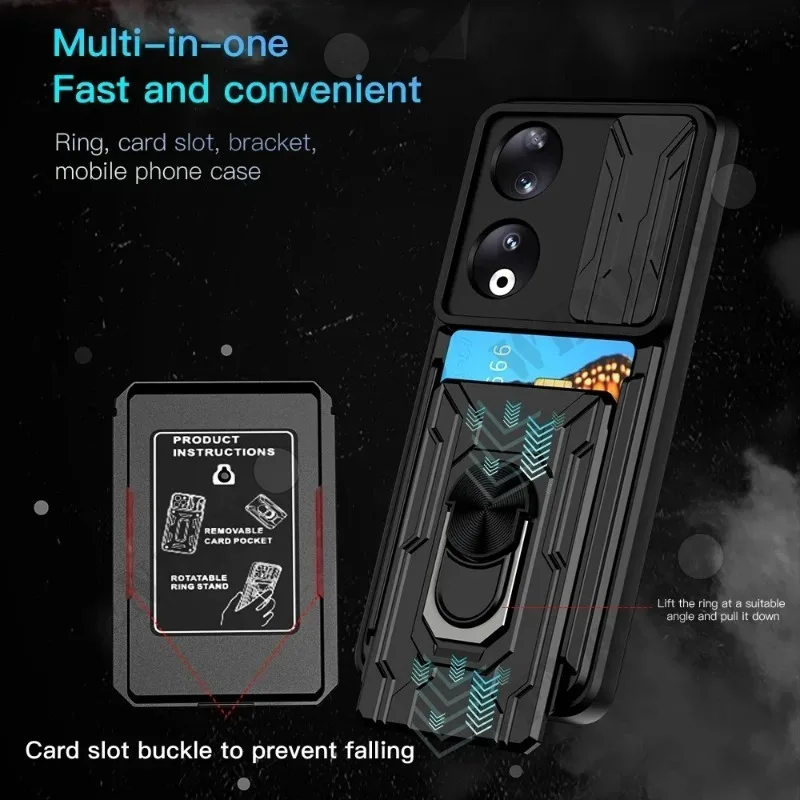 Case For Honor 90 50 Lite Magic 6 Lite X9b X8b X7b X50 5G Slide Stand Ring Camera Military Grade Card Slot Cover