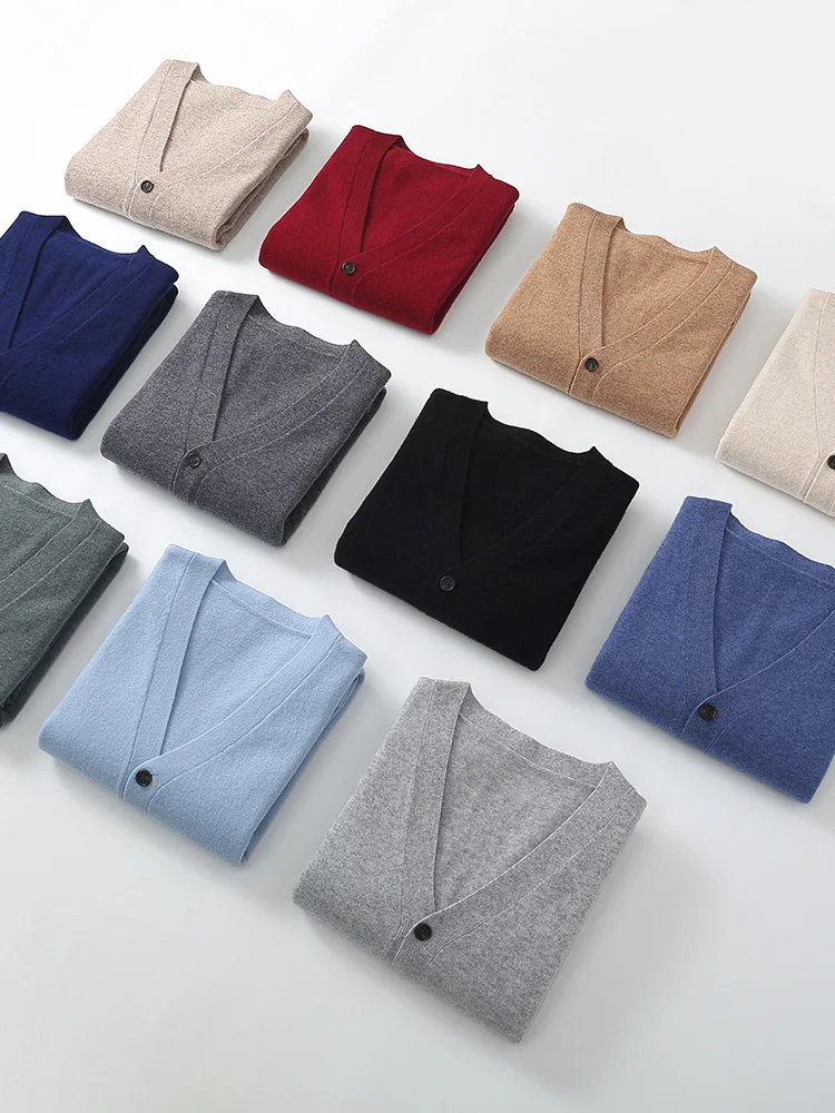 Men's Autumn Winter 100% Merino Wool Knitted Sweater V-Neck Casual Loose Cardigan Warm Comfortable Solid Basic Clothing Tops