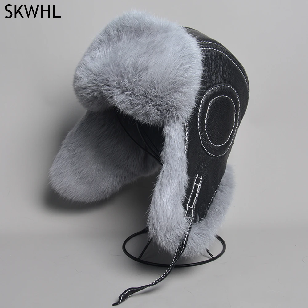 2024 New Men\'s 100% Natural Rabbit Fur Bomber Hats Winter Russian Man Warm Real Sheepskin Leather Hat Male Real Fur Caps