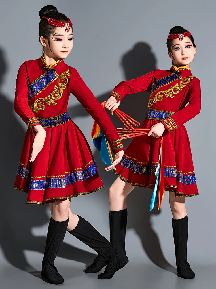 

New Children's Mongolian Dance Performance Costume Summer White Ethnic up Tuwenjie Polyester Traditional Fem Toddler