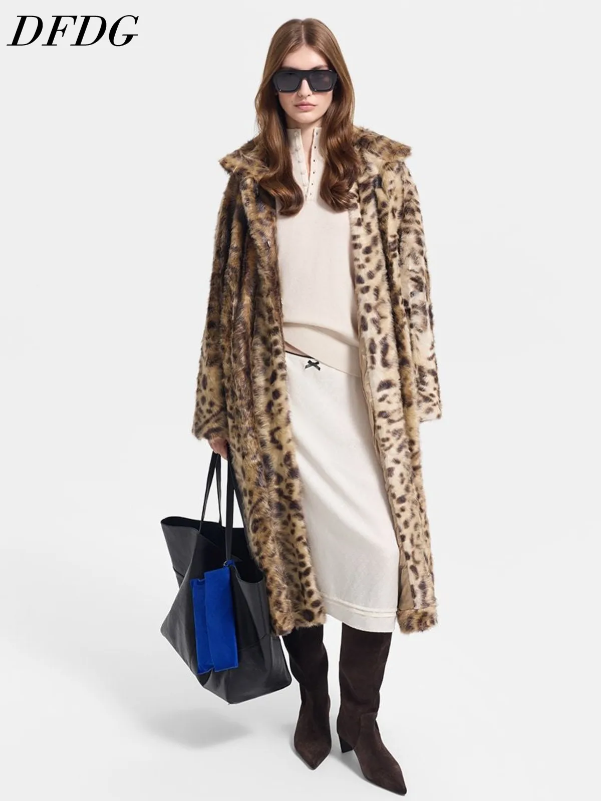 DFDG Women Faux Fur Long Overcoat Leopard Pattern Lapel Collar Open Front Oversized Thick Fluffy Winter Warm Outer Garment