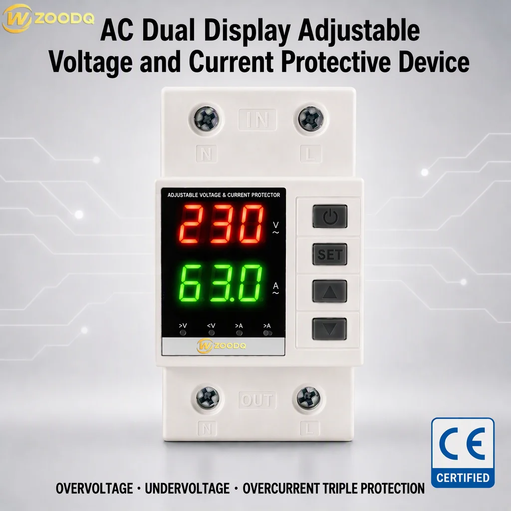 Dual Relay Single-Phase Dual-Display LED Over/Under Voltage and Overcurrent Protector V0 Flame-Retardant Housing DIN Rail