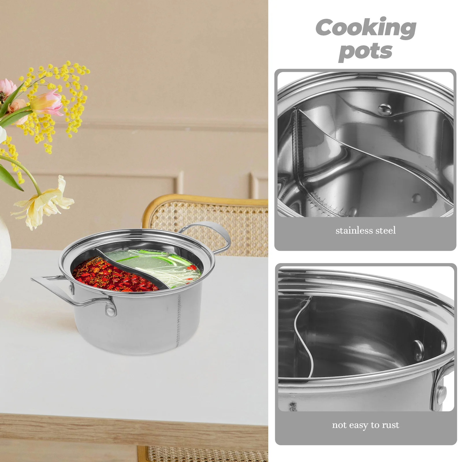 

Small Hot Pot Cooking Utensils Soup Pots Stainless Steel Sauce Pans Noodles Double Handle