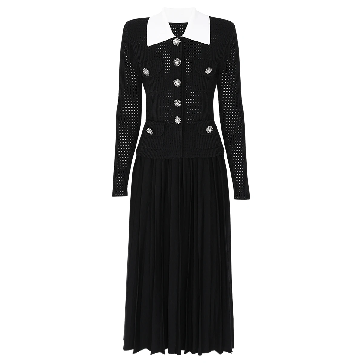 

25315 High-End European And American Spring And Autumn New Fashionable Knitted Diamond Button Lapel Slim Fit Long Sleeved Dress