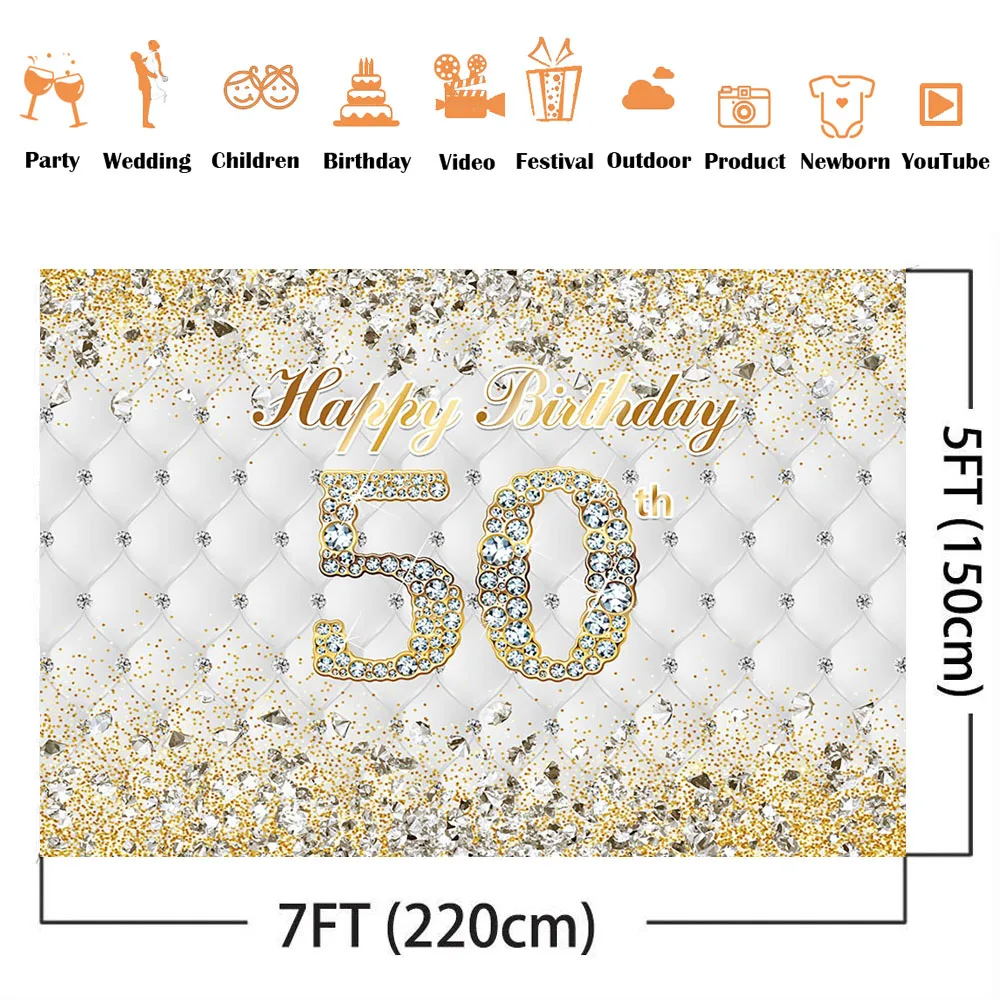 50th Gold Birthday Backdrop White Heardboard Women Birthday Party Decoration Banner Fifty Birthday Golden Birthday Photocall