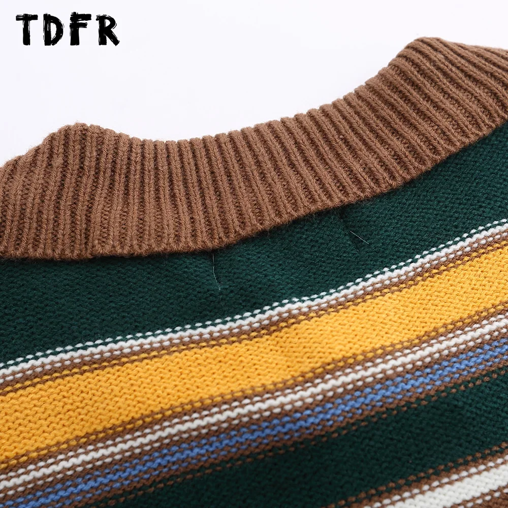 Contrast Horizontal Striped Sweater Mens Autumn Winter Retro Casual Loose Lapel Long Sleeve Knitted Pullover Men