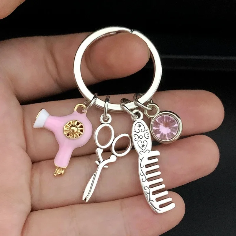 New hairstylist keychain hair salon keychain hair dryer scissors comb keychain hairdresser men and women fashion jewelry gifts