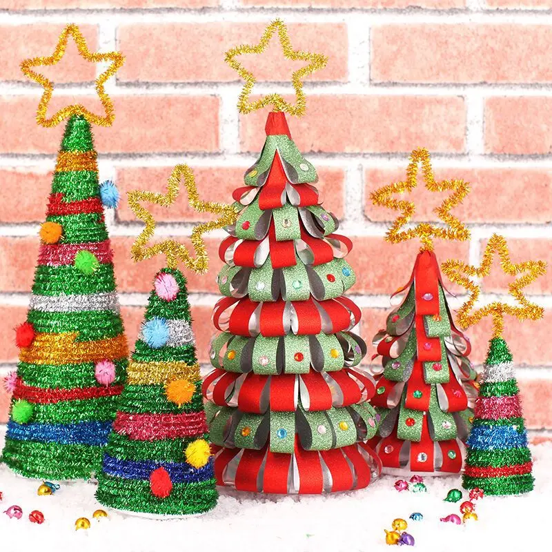 Árvore de Natal artesanal para crianças, artes dos desenhos animados, não tecidos, pompom, kit de artesanato, brinquedos educativos criativos, bricolage, zk30