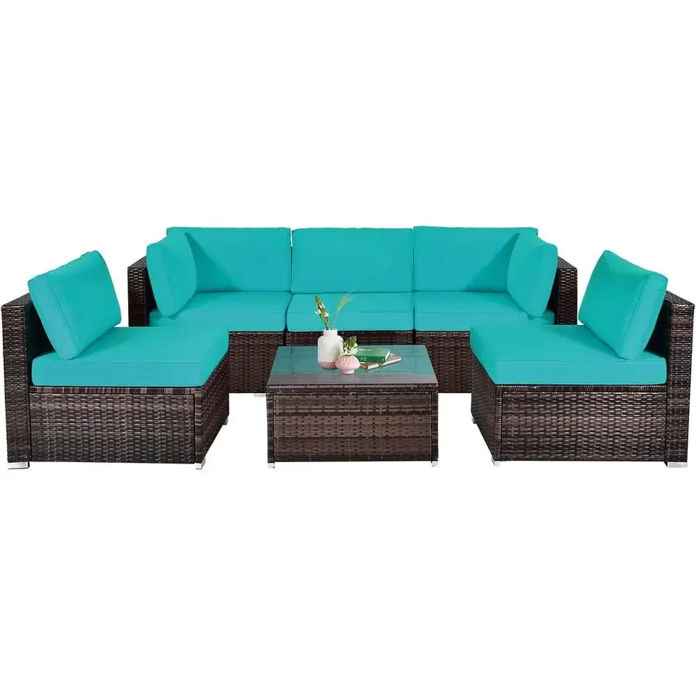 

Turquoise 6-Piece Outdoor Patio Sectional Set with PE Rattan, Tempered Glass Coffee Table, and Cushions