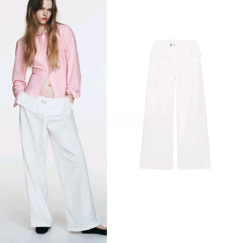 

Новые женские брюки с металлической пряжкой, утягивающие талию, с высокой посадкой, нейлоновые, с запахом, длинные, повседневные, широкие штанины