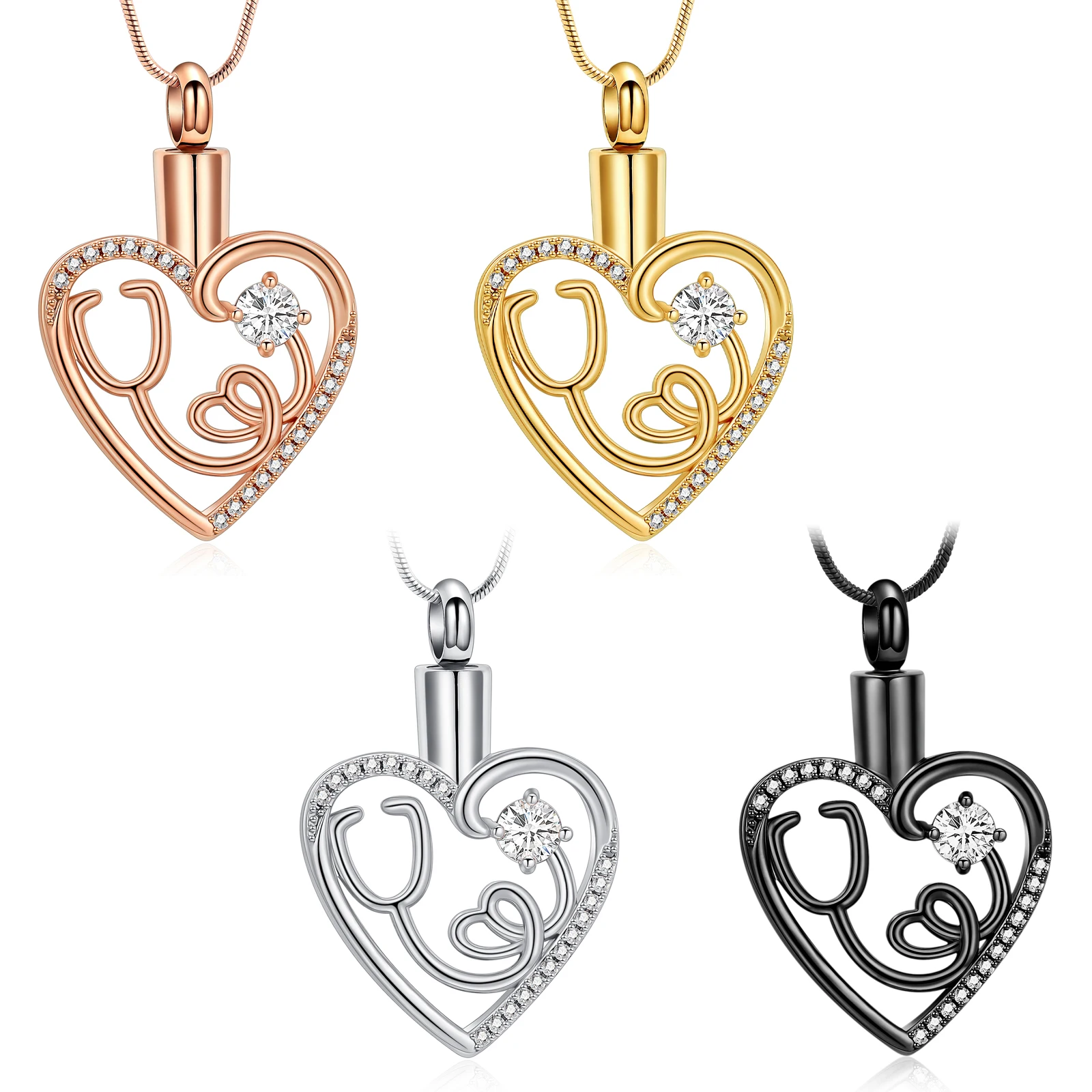 Stethoscope Urn Necklace for Ashes Heart Crystal Cremation Jewelry Stainless Steel Keepsake Memorial Ashes Pendant for Women Men