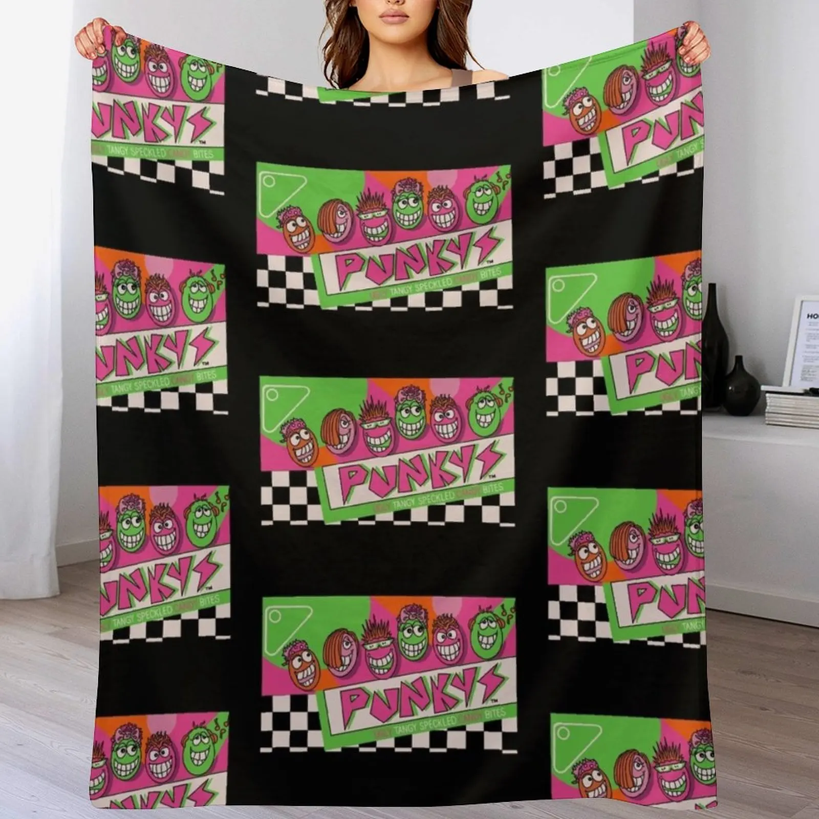 

Punkys 90s Candy Neon Box Throw Blanket Plaid on the sofa Large Custom Sofa Blankets