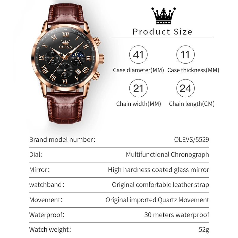 OLEVS 5529 Sport Quartz Watch Gift Genuine Leather Watchband Round-dial Wristwatch Moon Phase Chronograph Calendar Luminous