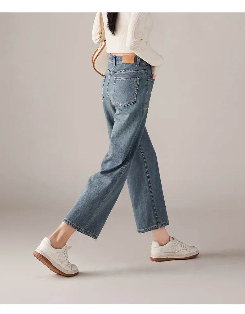 Boweylun Spring and Summer High-waisted Loose Straight Jeans Women Fashion Nine-minute Wide-leg Trousers Ladies