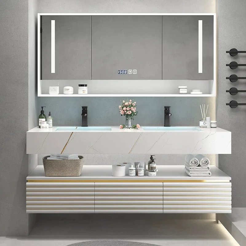 Smart Mirror Bathroom Cabinet with Two Drawers, Copper Drawer, Ceramic Basin