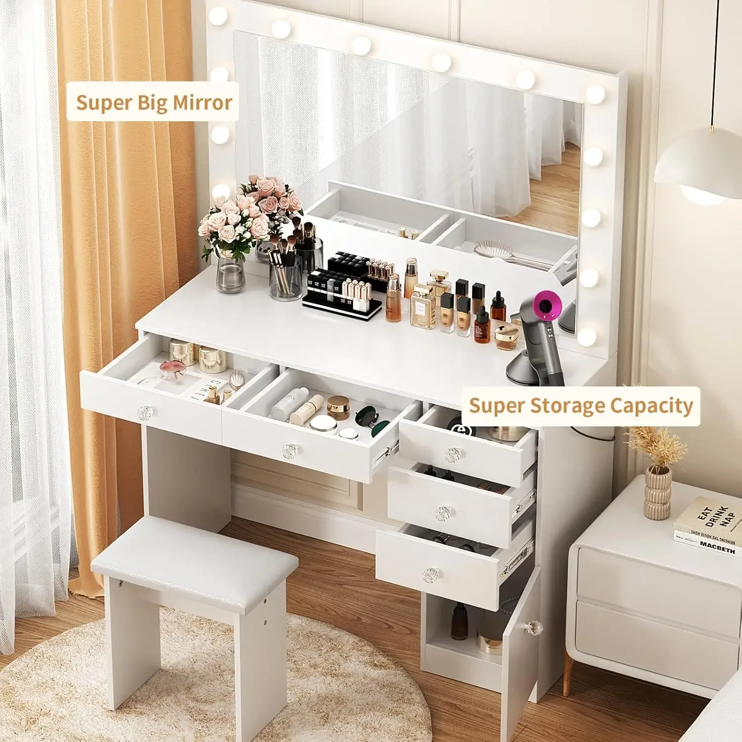 VOWNER-Vanity de maquillage avec lumières, bureau avec prise de courant, 5 égouts de proximité, 1 armoire, 3 modes d'éclairage pour documents, 43 po