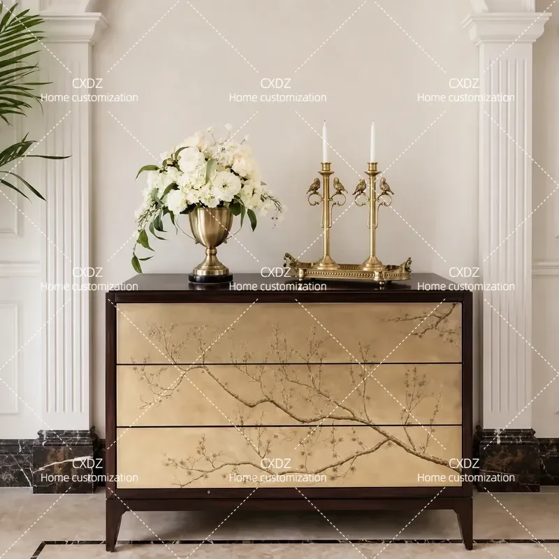 Light Luxury Solid Wood Foyer Entrance Cabinet Classical Decorative Chest with Drawers Painted Storage Console for Hallway