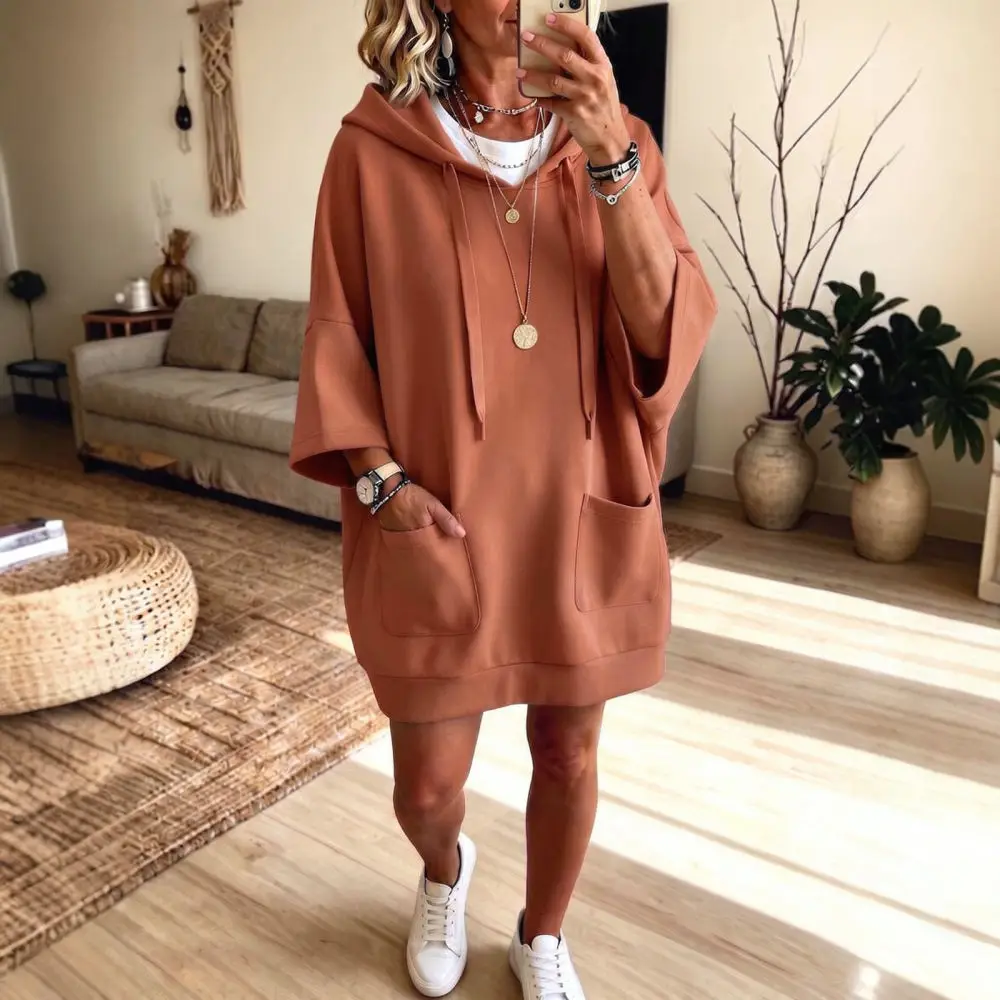Womens Autumn Winter Hooded Sweatshirt Dress Loose Long Sleeve Pullover Casual Solid Color Pockets Midi Hoodies Outerwear
