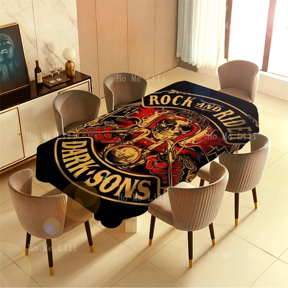 Motorbike Club Logo Old Western Cowboy Head Dark Eagle And Skull Rectangle Tablecloth For Tabletop Decor