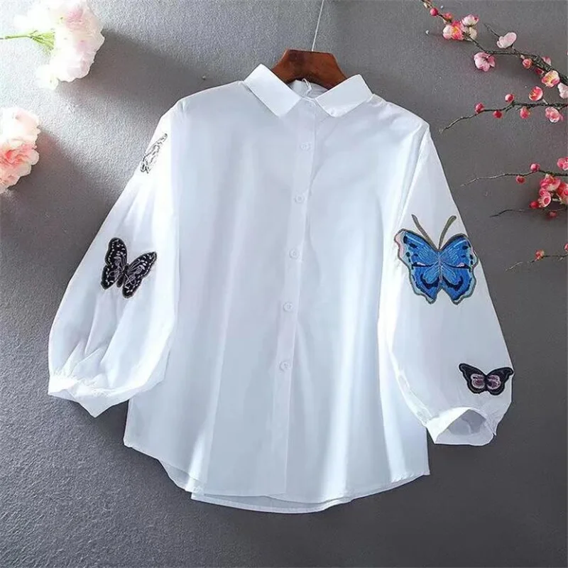 Retro Lantern Sleeve Blouses Women Top Butterfly Embroidered Shirt For Women Lapel Button OL Blusas Literature Art Female Blouse