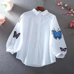 Retro Lantern Sleeve Blouses Women Top Butterfly Embroidered Shirt For Women Lapel Button OL Blusas Literature Art Female Blouse