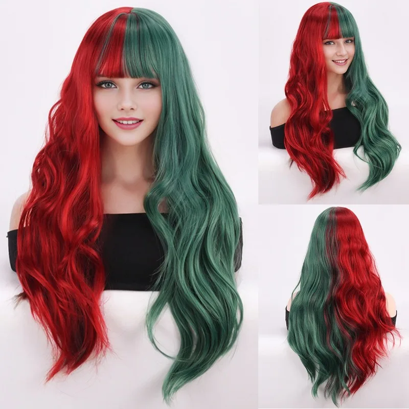 

Woman Two Color Long Curly Hair Christmas Atmosphere Dress Up Straight Bangs Wave Long Hair Halloween Masquerade Headwear Wig