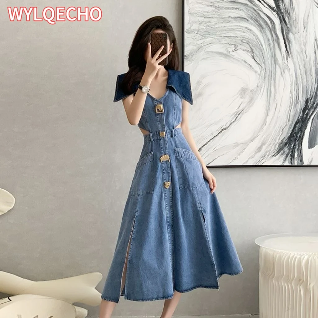 Women 2024 Designer Retro Denim Dresses Turn-down Collar Patchwork Hit Color Buttons Split High Waist Jeans Vestidos