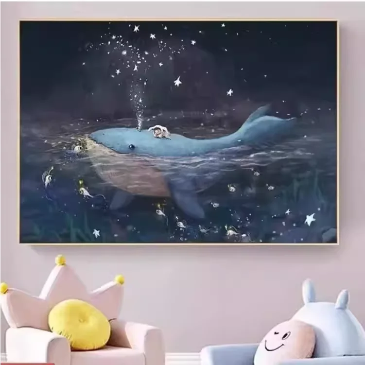 

Handmade cross stitch finished products with whale stars, fantasy night animals, sea, children's bedrooms, hanging paintings for