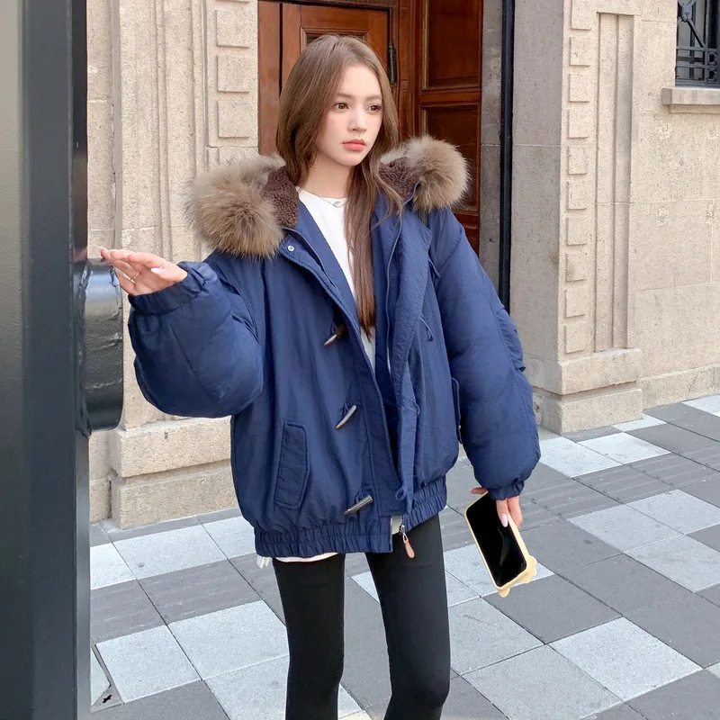 

Winter New Horn Button Hooded Down Cotton Jacket Women Chic Faux Fur Collar Baggy Parkas Coat Korean Street Warm Padded Jackets