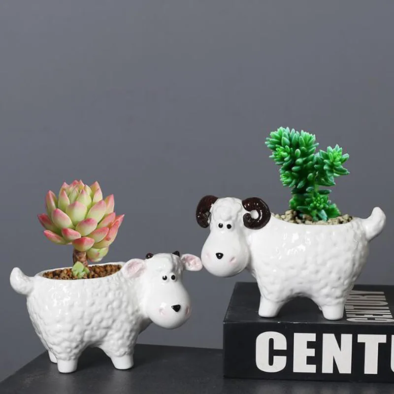 Creative Cute Sheep Succulent Plant Pot Porcelain Bonsai Vase Flowerpot Desktop Ornaments Home Garden Decor