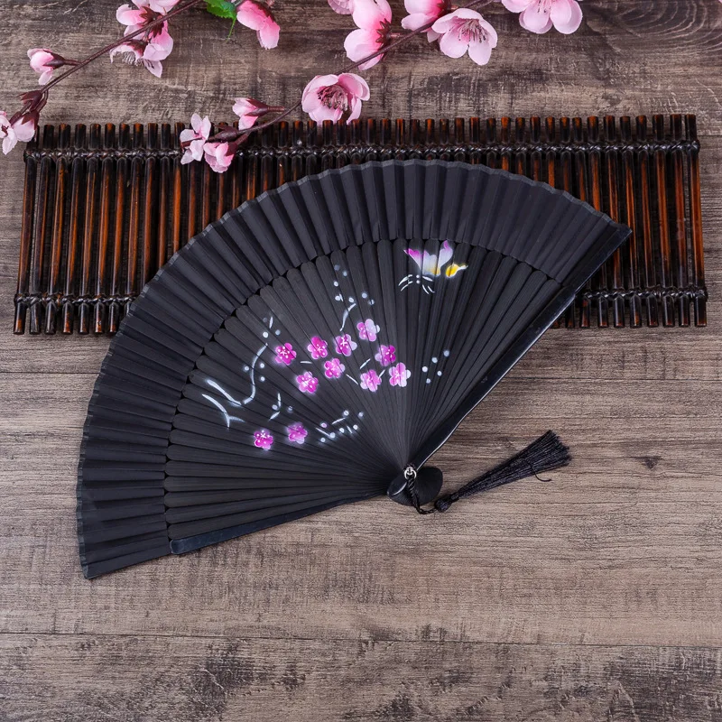 Chinese Japanese Silk Folding Fan Wooden Shank Classical Dance Fan High Quality Tassel Elegent Female Fan Home Decoration