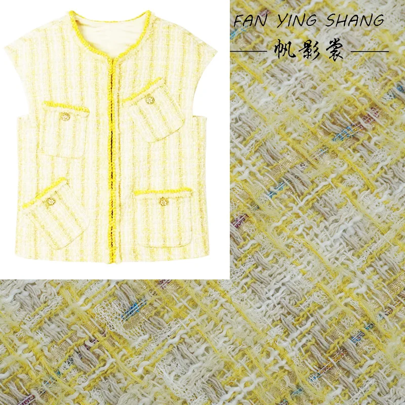 

Yellow White Grey Bright Line Mixed Weave Tweed Fabric For Vest Skirt Diy