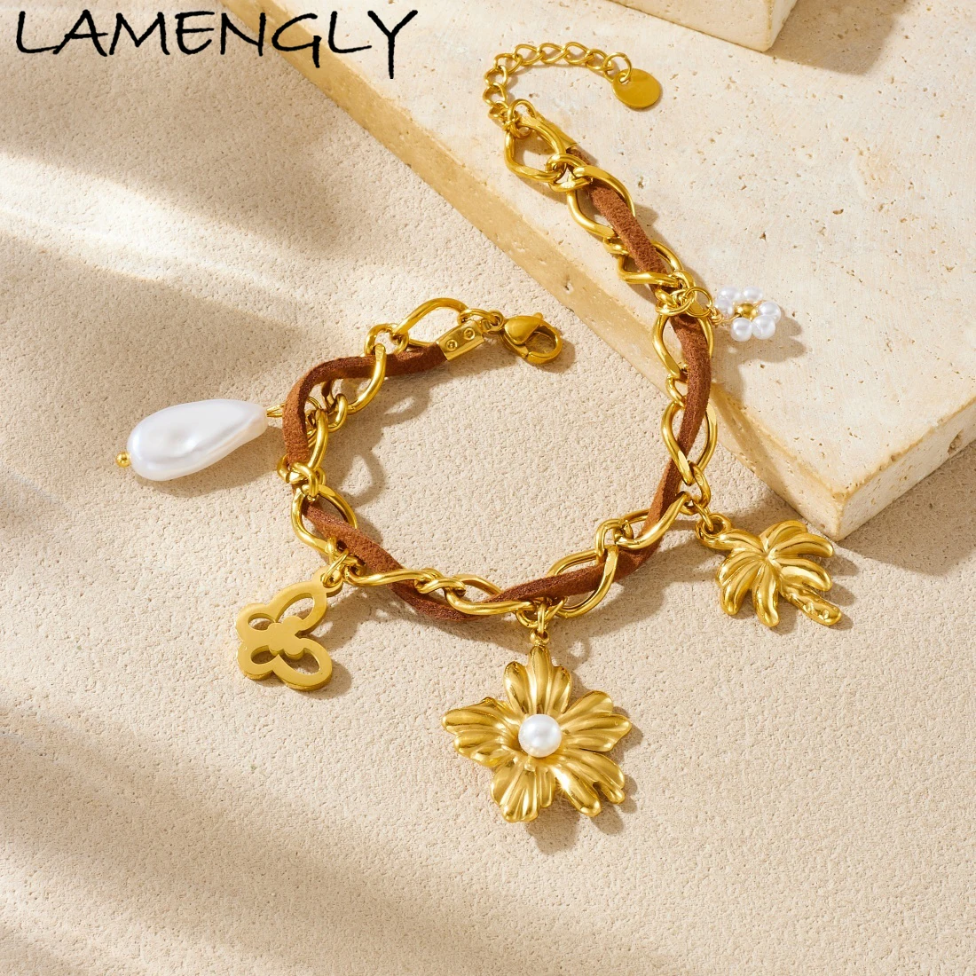 LAMENGLY 316L Stainless Steel Pearl Inlay Flower Tree Butterfly Double-Layer Bracelet Women 18k Gold Plated Waterproof Jewelry