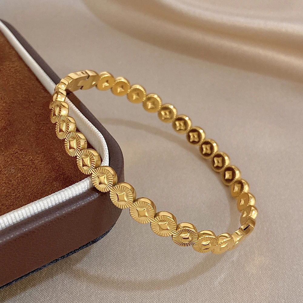 

Minimalist Round Plate Splicing Stainless Steel Bracelet for Women Delicate Waterproof Gold Plated Spring Bangle Daily Jewelry