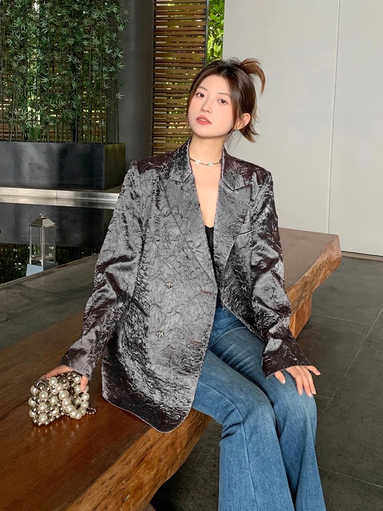 Textural sense Design Satin Jacket Stylish Purple Loose Casual Suit Acetate Luxury Blazer for Women korean reviews many clothes