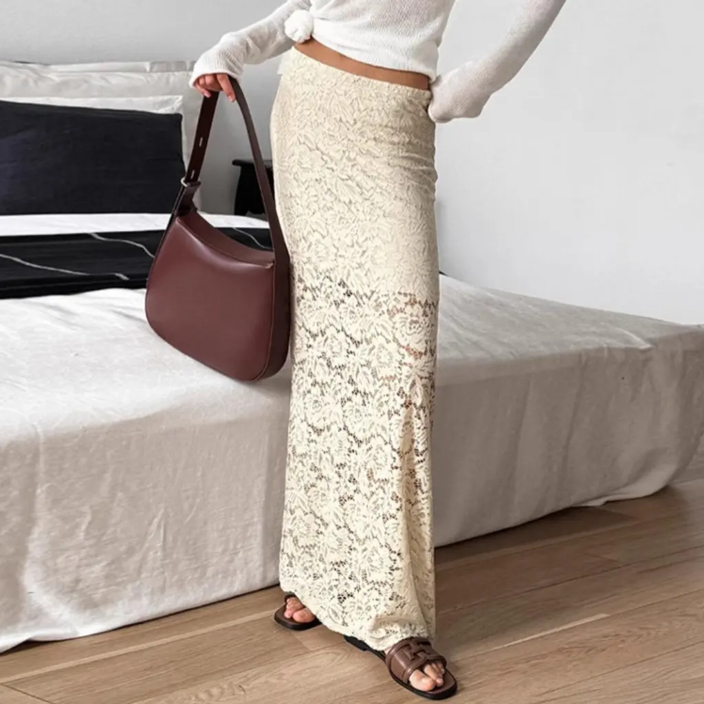 

Apricot Perspective Jacquard Sexy Cotton Lace Long Skirt for Women Autumn Winter Fashion Wholesale