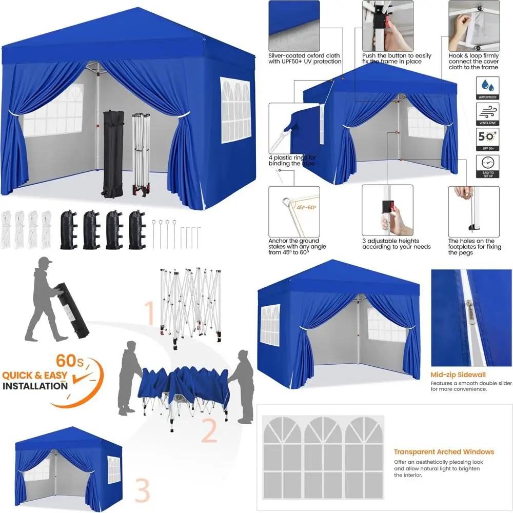

Портативный мгновенный навес 8x8 со съемными боковыми стенками, водонепроницаемая уличная палатка, идеально подходит для пляжа и укрытия от солнца