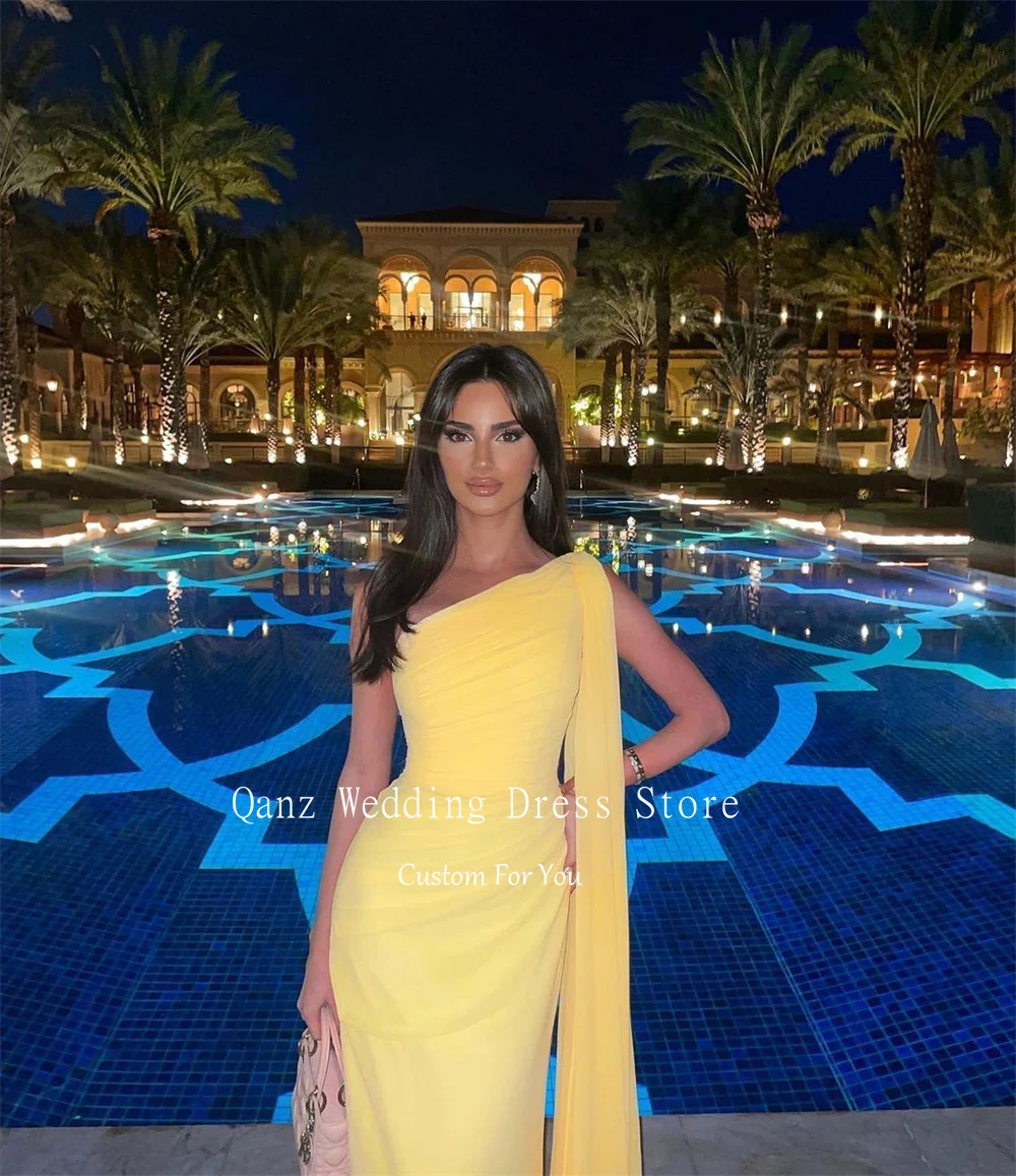 Qanz Saudi Arabia Formal Evening Dresses Yellow Chiffon One Shoulder Dubai Arab Prom Dress Women Party Gowns 2024 Customized