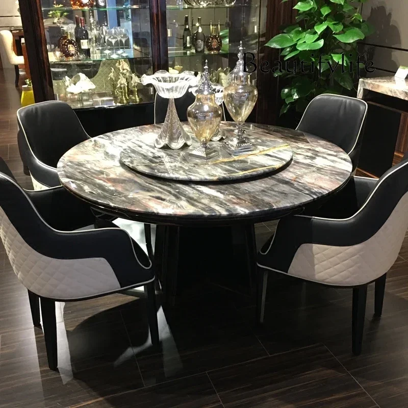 N36 New natural travertine Venice red and black sandalwood round turntable dining table villa high-end private customization