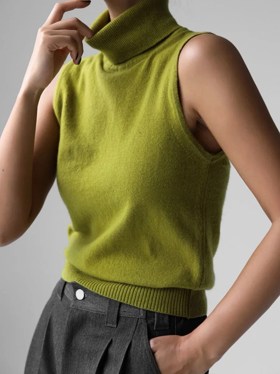 Women's Knitted Turtleneck Vest Cardigan Sets Elegant Sweater Knitwears Top Spring Summer Brown Gray Green Black Red Blue Yellow