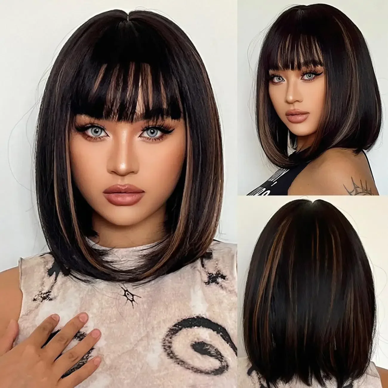 

Black Brown Synthetic Wig with Bangs Middle Long Straight Curly Wigs for Women Cosplay Daily Party Heat Resistant Fiber Hair